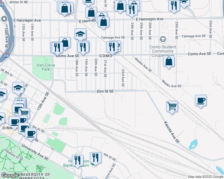 map of restaurants, bars, coffee shops, grocery stores, and more near 847 22nd Avenue Southeast in Minneapolis