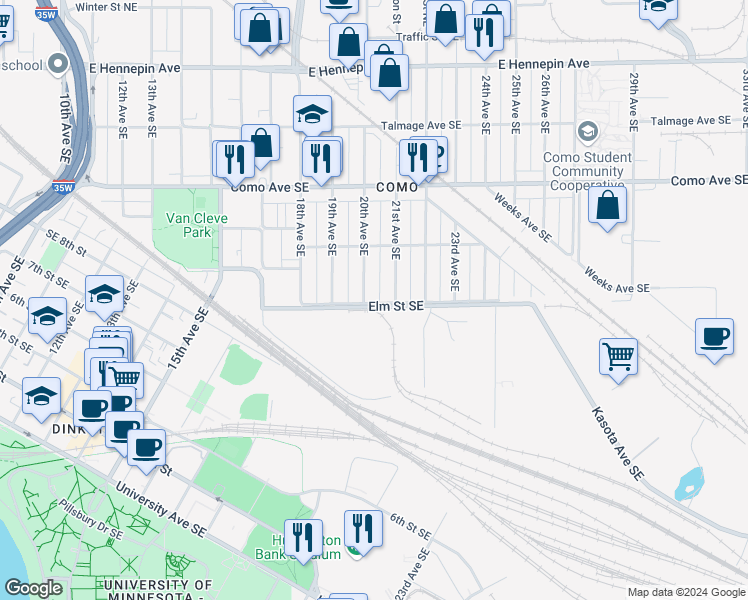 map of restaurants, bars, coffee shops, grocery stores, and more near 855 21st Avenue Southeast in Minneapolis