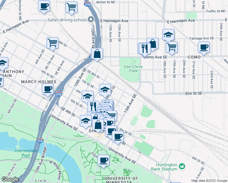 map of restaurants, bars, coffee shops, grocery stores, and more near 800 13th Avenue Southeast in Minneapolis
