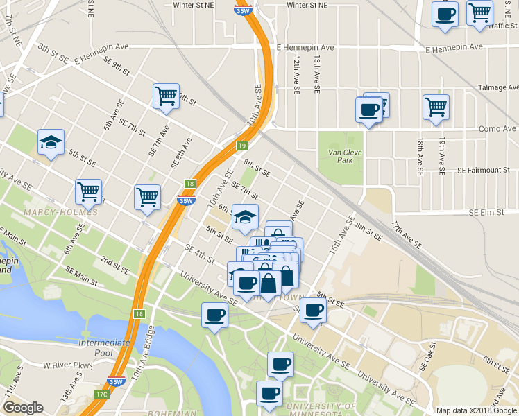 map of restaurants, bars, coffee shops, grocery stores, and more near 1109 Southeast 7th Street in Minneapolis