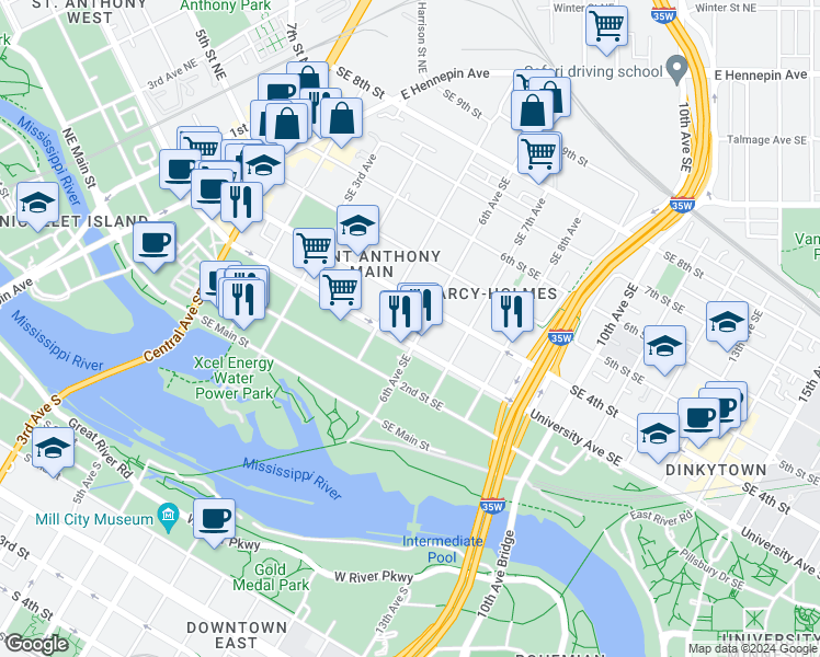 map of restaurants, bars, coffee shops, grocery stores, and more near 550 Southeast 4th Street in Minneapolis