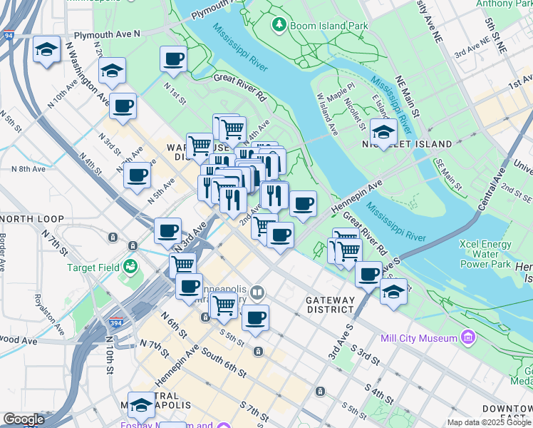 map of restaurants, bars, coffee shops, grocery stores, and more near 200 North 2nd Street in Minneapolis