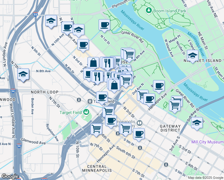 map of restaurants, bars, coffee shops, grocery stores, and more near 405 North Washington Avenue in Minneapolis