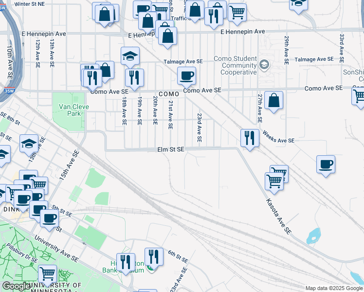 map of restaurants, bars, coffee shops, grocery stores, and more near 847 22nd Avenue Southeast in Minneapolis