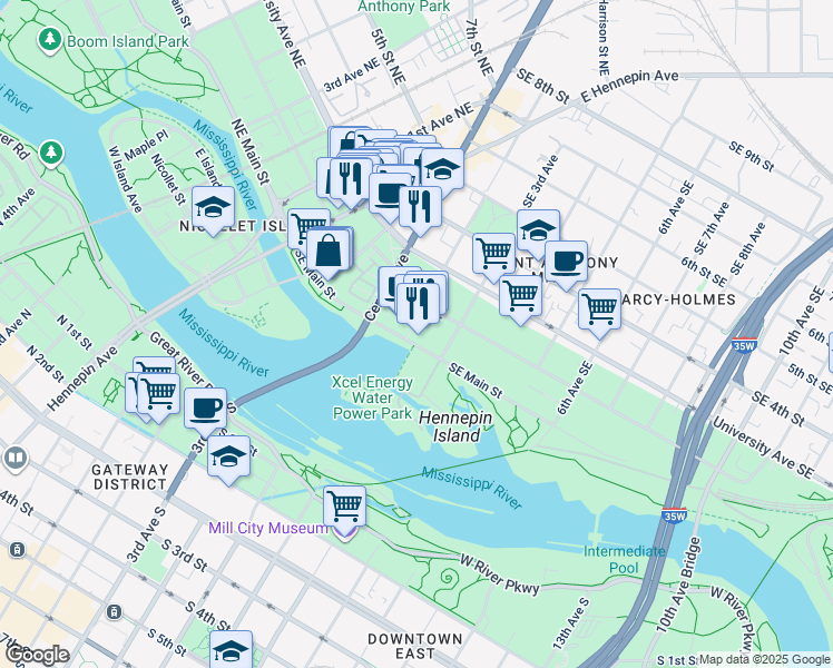 map of restaurants, bars, coffee shops, grocery stores, and more near 117 1/2 Southeast Main Street in Minneapolis