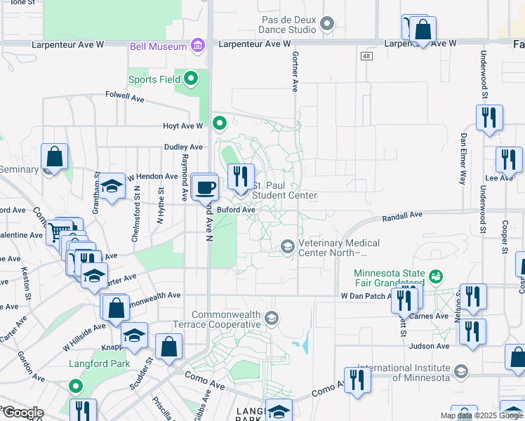 map of restaurants, bars, coffee shops, grocery stores, and more near 1954 Buford Avenue in Saint Paul