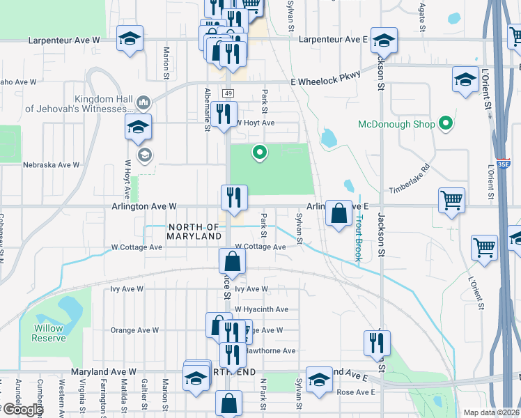 map of restaurants, bars, coffee shops, grocery stores, and more near 92 Arlington Avenue West in Saint Paul