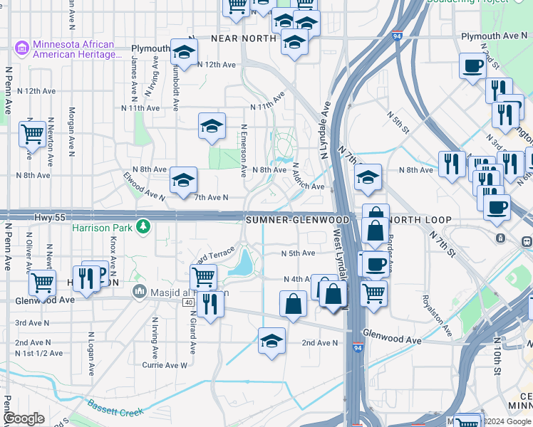 map of restaurants, bars, coffee shops, grocery stores, and more near 1000 Olson Memorial Highway in Minneapolis