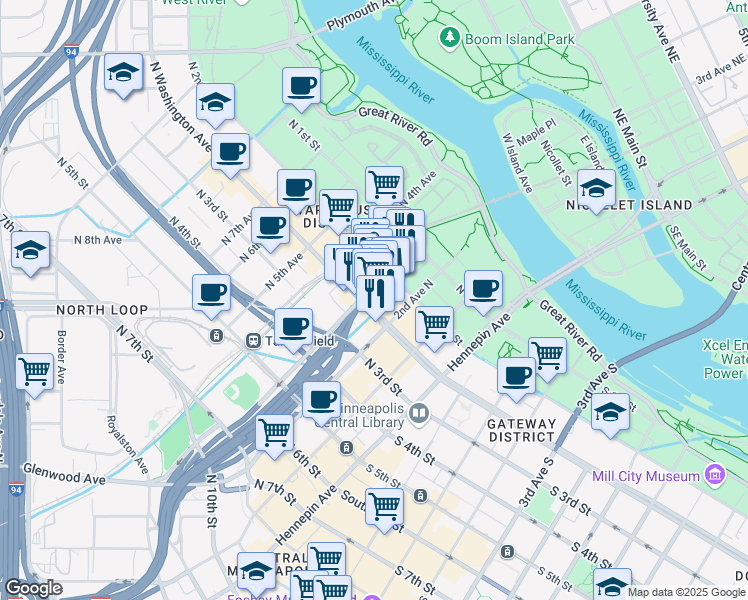 map of restaurants, bars, coffee shops, grocery stores, and more near 223 North 2nd Street in Minneapolis