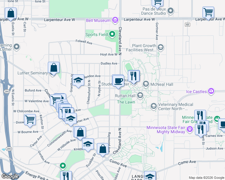 map of restaurants, bars, coffee shops, grocery stores, and more near 1443 Raymond Avenue in Saint Paul
