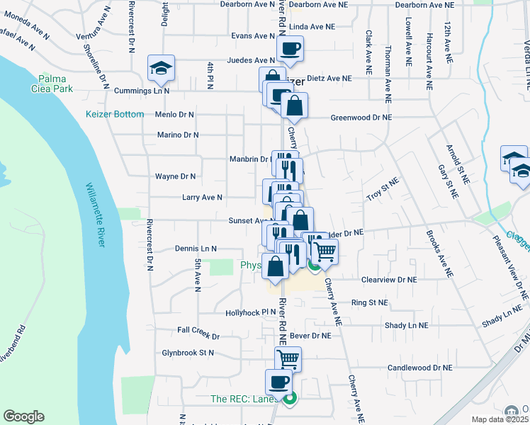 map of restaurants, bars, coffee shops, grocery stores, and more near 4131 River Road North in Keizer
