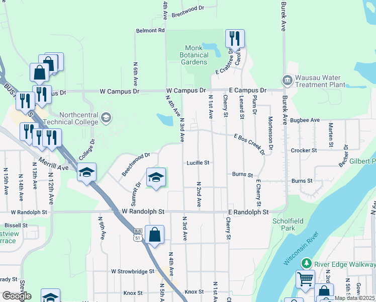 map of restaurants, bars, coffee shops, grocery stores, and more near in Wausau