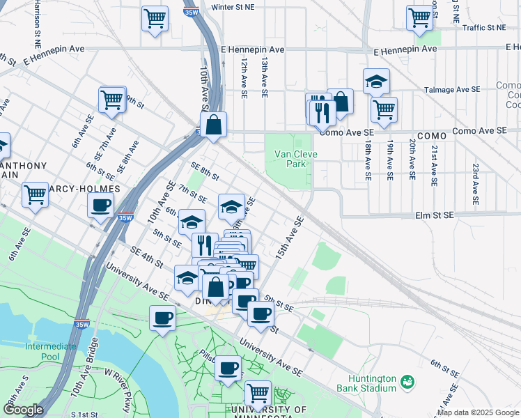 map of restaurants, bars, coffee shops, grocery stores, and more near 800 13th Avenue Southeast in Minneapolis