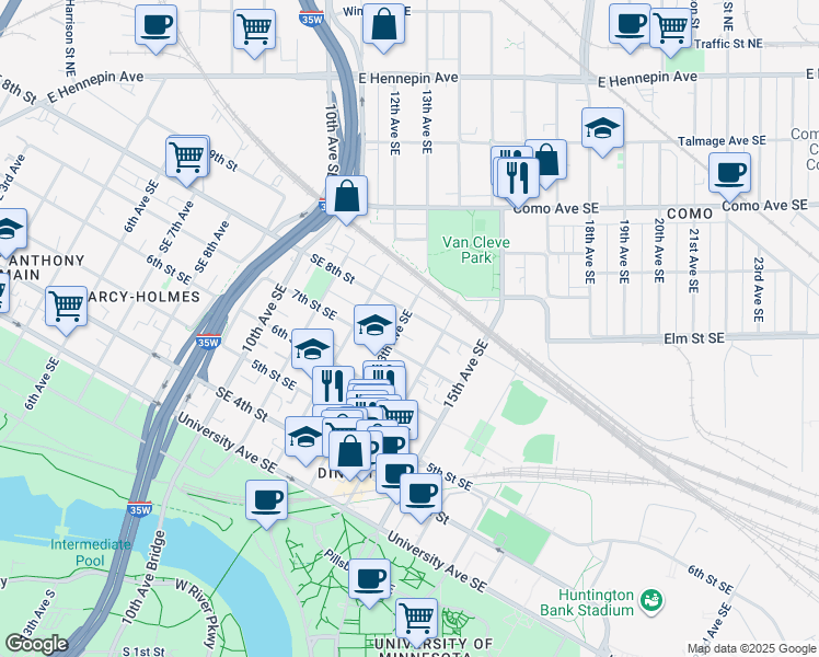 map of restaurants, bars, coffee shops, grocery stores, and more near 800 13th Avenue Southeast in Minneapolis