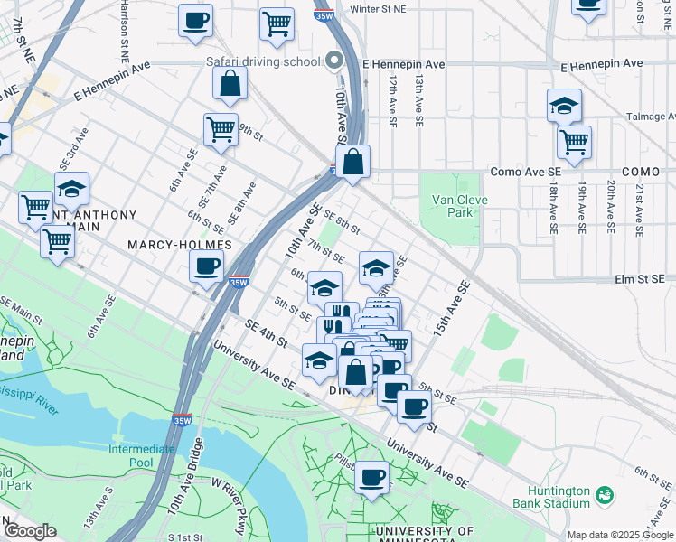 map of restaurants, bars, coffee shops, grocery stores, and more near 1109 Southeast 7th Street in Minneapolis