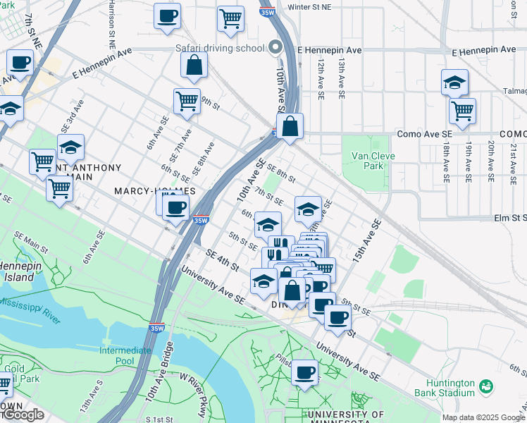 map of restaurants, bars, coffee shops, grocery stores, and more near 1016 Southeast 7th Street in Minneapolis
