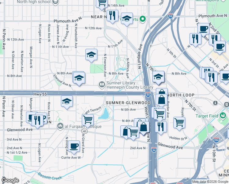 map of restaurants, bars, coffee shops, grocery stores, and more near 1000 Olson Memorial Highway in Minneapolis