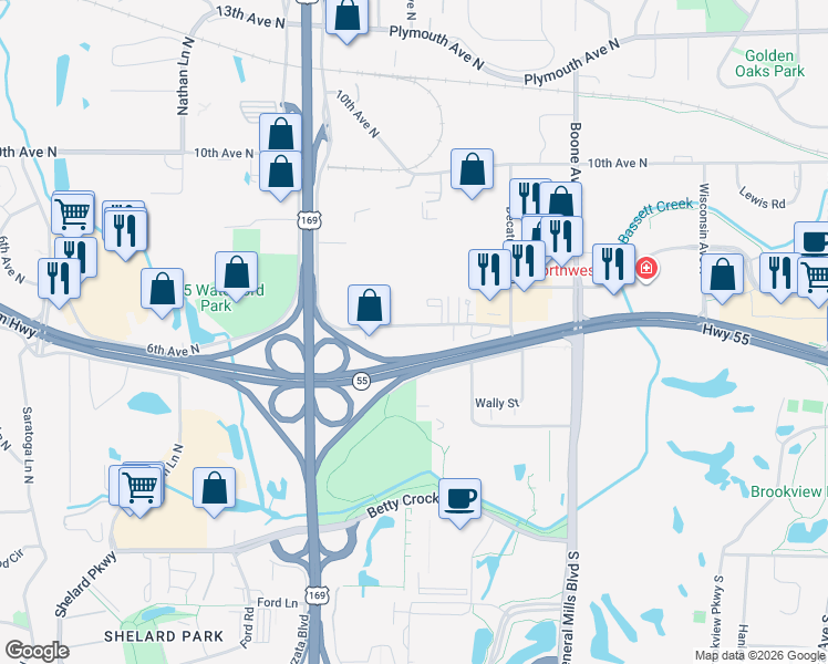 map of restaurants, bars, coffee shops, grocery stores, and more near 9110 Golden Valley Road in Minneapolis