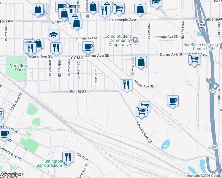 map of restaurants, bars, coffee shops, grocery stores, and more near 829 25th Avenue Southeast in Minneapolis
