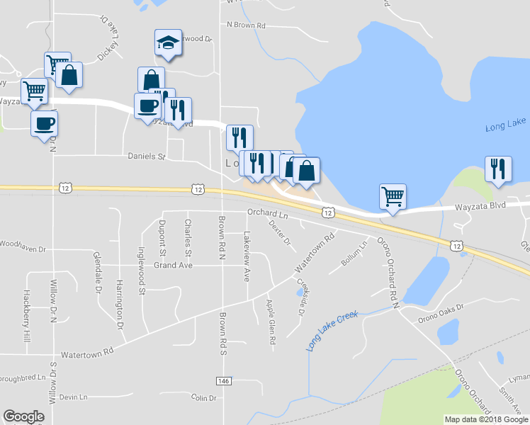 map of restaurants, bars, coffee shops, grocery stores, and more near 421 Dexter Drive in Long Lake