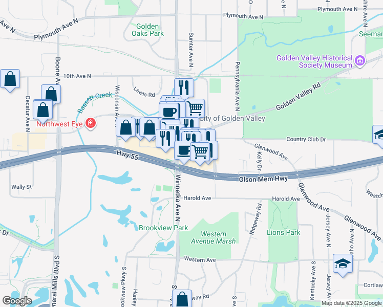 map of restaurants, bars, coffee shops, grocery stores, and more near 550 Winnetka Avenue North in Golden Valley