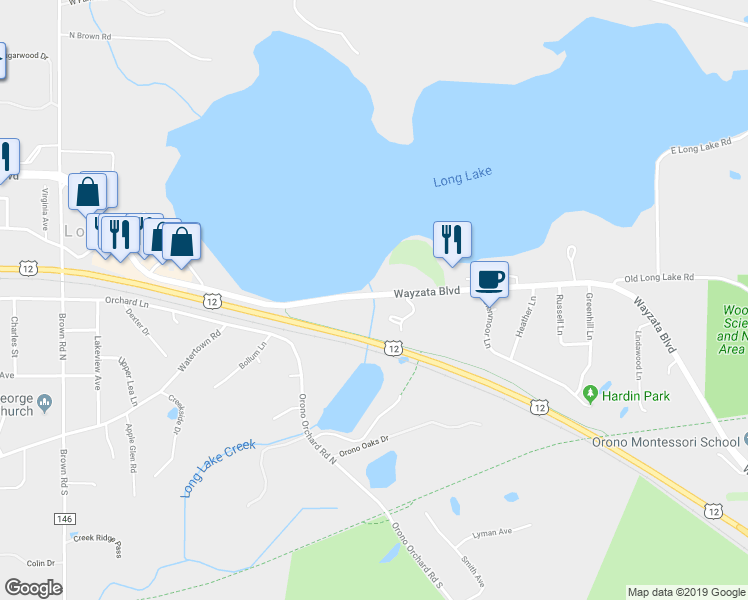 map of restaurants, bars, coffee shops, grocery stores, and more near 1585 Wayzata Boulevard in Long Lake