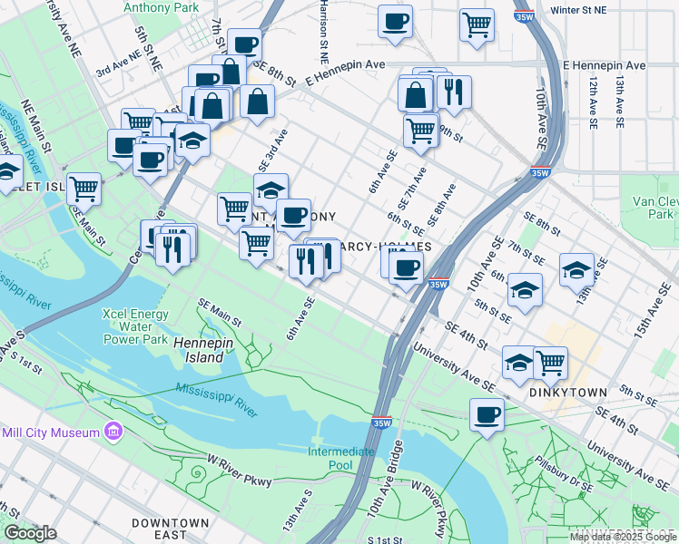 map of restaurants, bars, coffee shops, grocery stores, and more near 326 Southeast 6th Avenue in Minneapolis