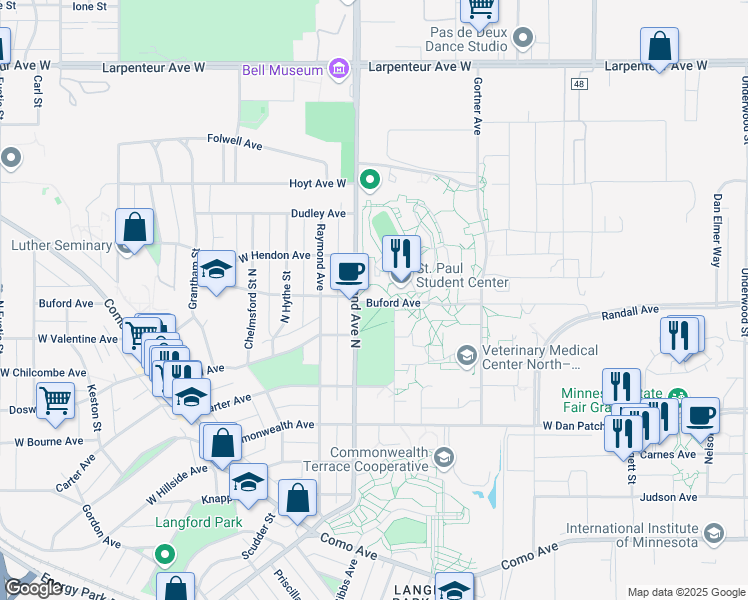 map of restaurants, bars, coffee shops, grocery stores, and more near 3811 Buford Avenue in Falcon Heights