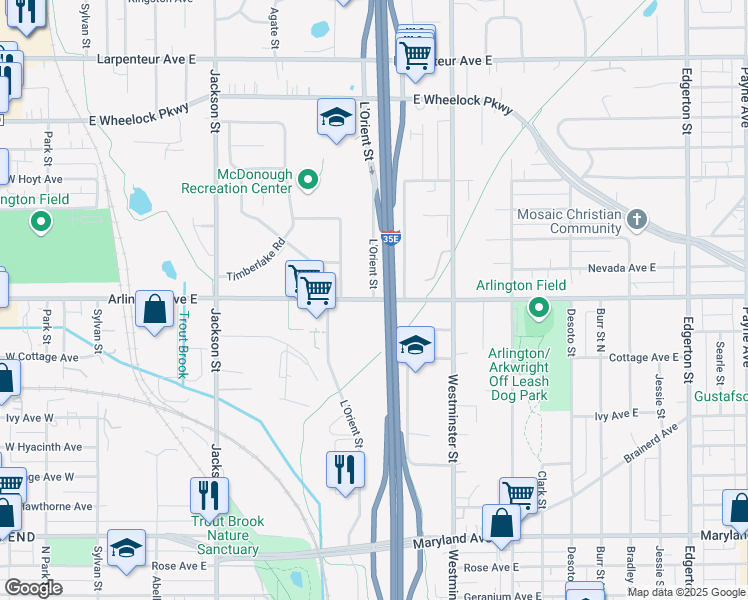 map of restaurants, bars, coffee shops, grocery stores, and more near 1301 L'Orient Street in Saint Paul