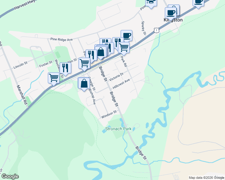 map of restaurants, bars, coffee shops, grocery stores, and more near 1484 Bridge Street in Kingston