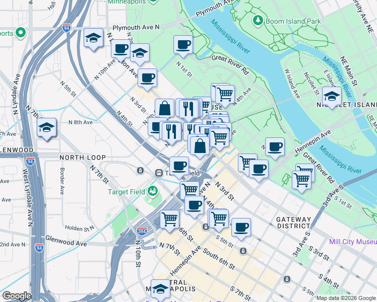 map of restaurants, bars, coffee shops, grocery stores, and more near 405 North Washington Avenue in Minneapolis