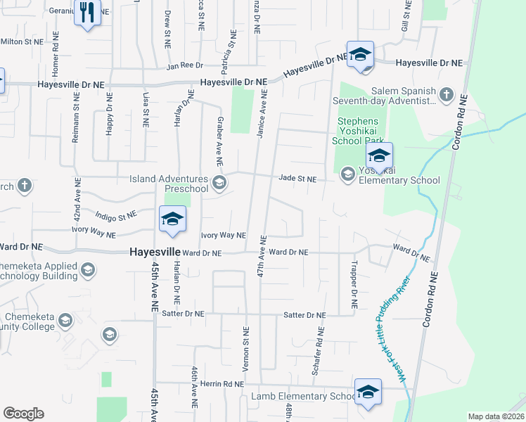 map of restaurants, bars, coffee shops, grocery stores, and more near 4486 Janice Avenue Northeast in Salem