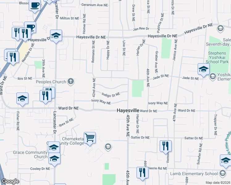 map of restaurants, bars, coffee shops, grocery stores, and more near 4394 Jackpine Street Northeast in Salem