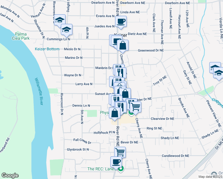 map of restaurants, bars, coffee shops, grocery stores, and more near 4131 River Road North in Keizer