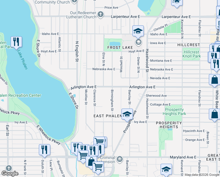 map of restaurants, bars, coffee shops, grocery stores, and more near 1421 Arlington Avenue East in Saint Paul