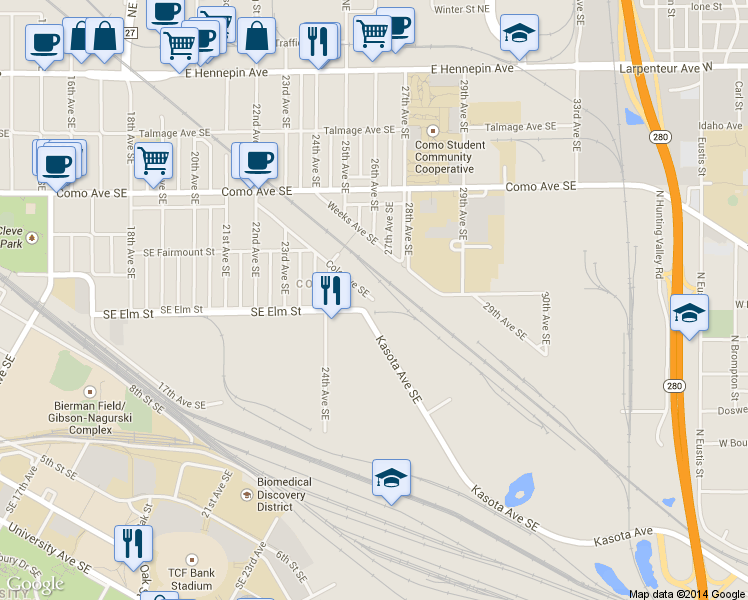 map of restaurants, bars, coffee shops, grocery stores, and more near 319 15th Ave SE # 424 in Minneapolis