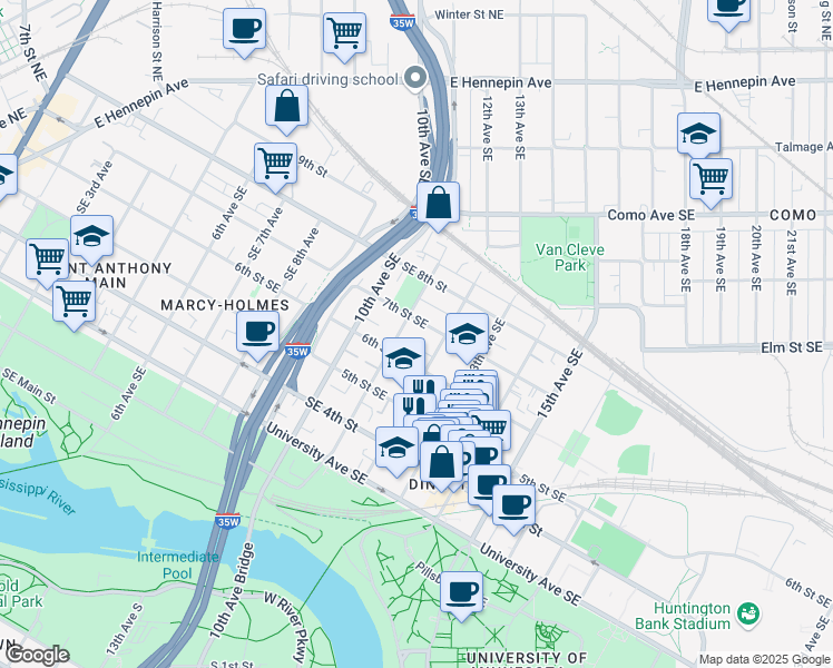 map of restaurants, bars, coffee shops, grocery stores, and more near 1109 Southeast 7th Street in Minneapolis