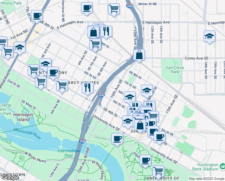map of restaurants, bars, coffee shops, grocery stores, and more near 925 6th Street Southeast in Minneapolis
