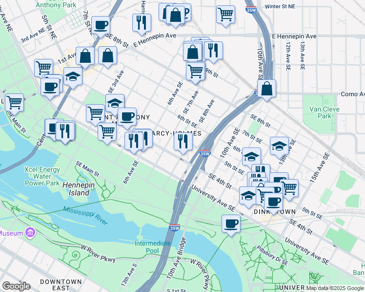 map of restaurants, bars, coffee shops, grocery stores, and more near 401 Southeast 8th Avenue in Minneapolis