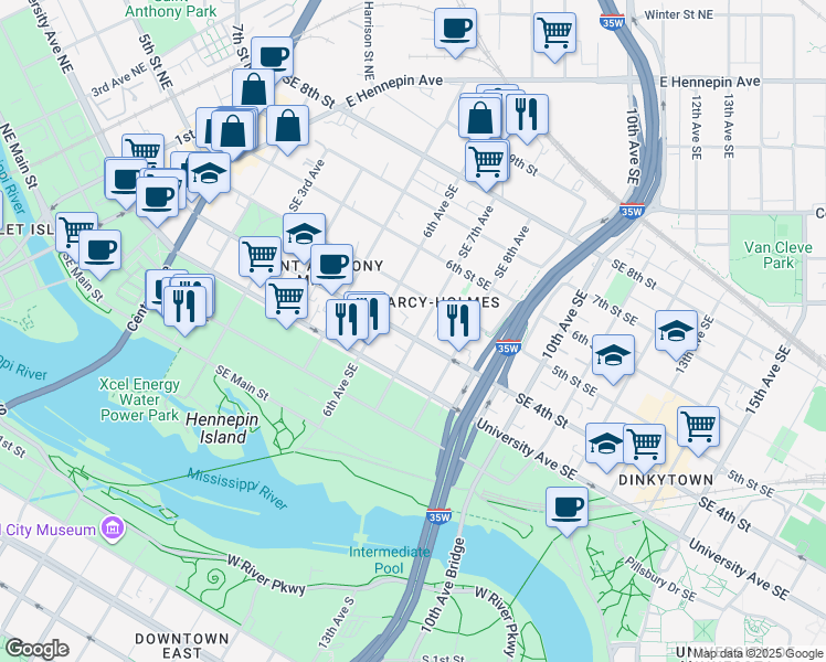 map of restaurants, bars, coffee shops, grocery stores, and more near 615 Southeast 4th Street in Minneapolis