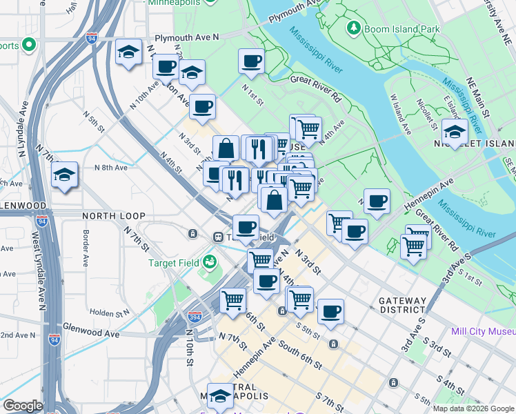 map of restaurants, bars, coffee shops, grocery stores, and more near 405 North Washington Avenue in Minneapolis