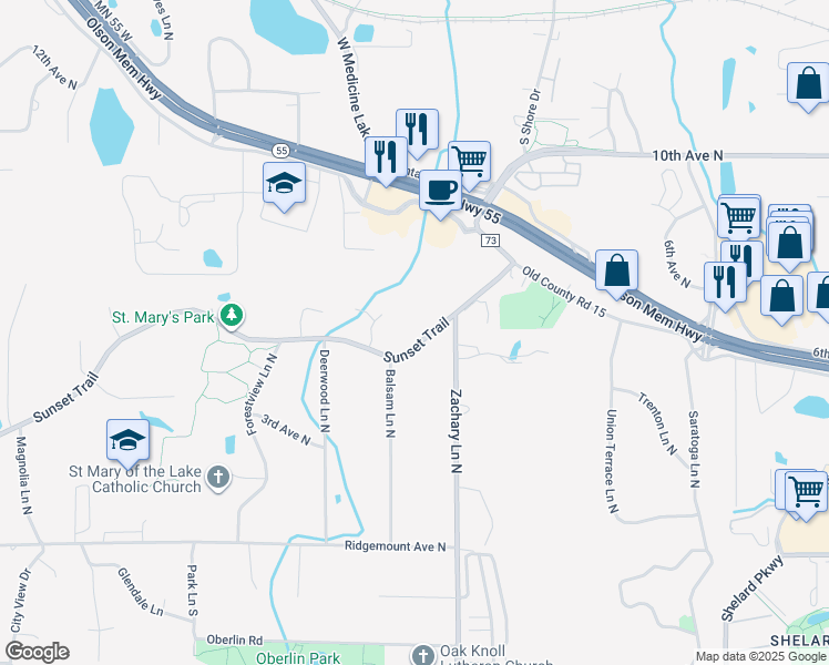 map of restaurants, bars, coffee shops, grocery stores, and more near 510 Cottonwood Lane North in Plymouth