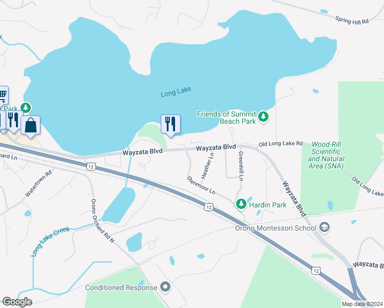 map of restaurants, bars, coffee shops, grocery stores, and more near 1274 Tealwood Place in Long Lake