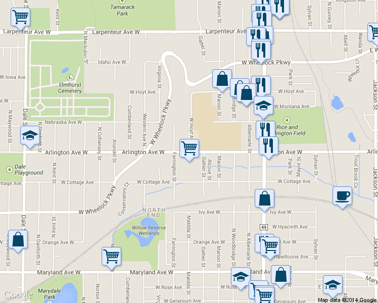 map of restaurants, bars, coffee shops, grocery stores, and more near 1459 Matilda Street in Saint Paul