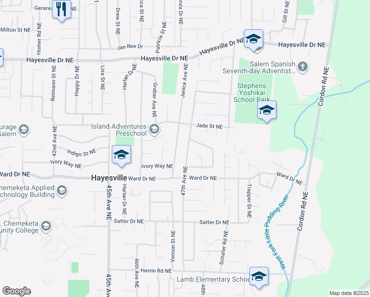 map of restaurants, bars, coffee shops, grocery stores, and more near 4486 Janice Avenue Northeast in Salem