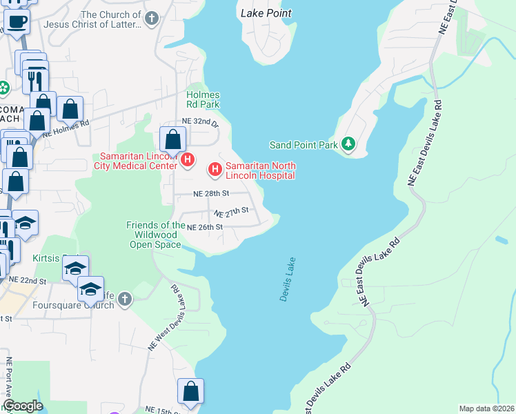map of restaurants, bars, coffee shops, grocery stores, and more near 2686 Northeast Lake Drive in Lincoln City