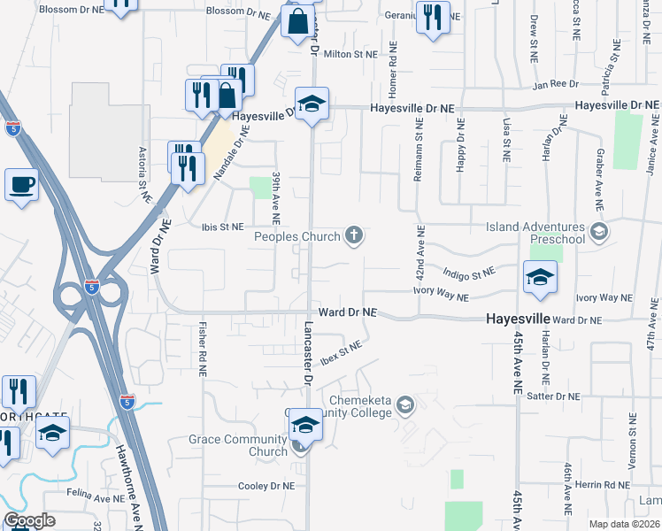 map of restaurants, bars, coffee shops, grocery stores, and more near 4015-4040 La Palms Lane Northeast in Salem