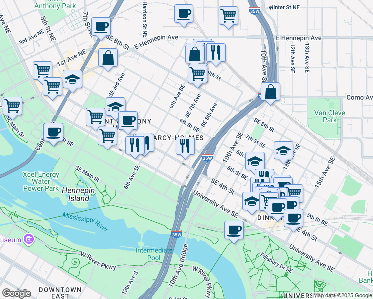 map of restaurants, bars, coffee shops, grocery stores, and more near 500 Southeast 8th Avenue in Minneapolis