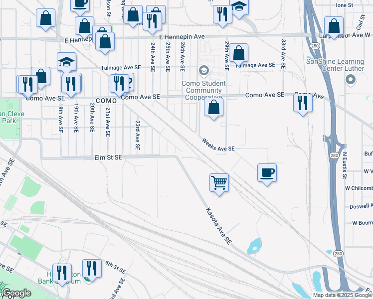 map of restaurants, bars, coffee shops, grocery stores, and more near 2647 Cole Avenue Southeast in Minneapolis