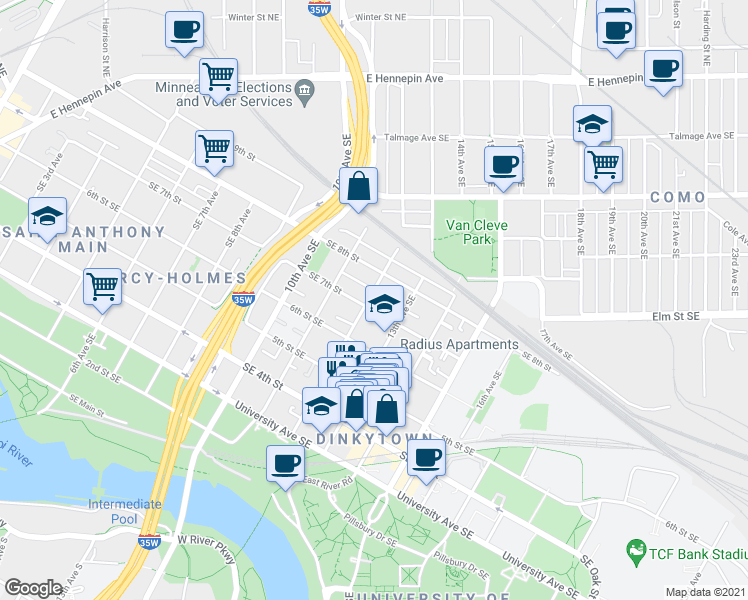 map of restaurants, bars, coffee shops, grocery stores, and more near 716 12th Avenue Southeast in Minneapolis